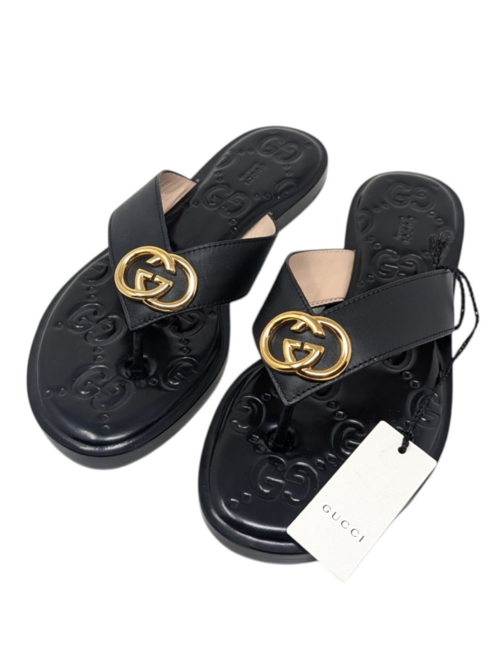 NIB Gucci Interlocking GG Black Thong Leather Flip Flop Sandals Size EU 38.5 - Picture 2 of 10